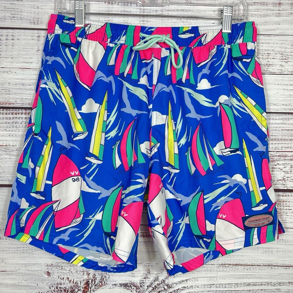 Vineyard Vines Swim Trunks Men’s Small Sailboats Blue Pink Preppy Mesh Lining